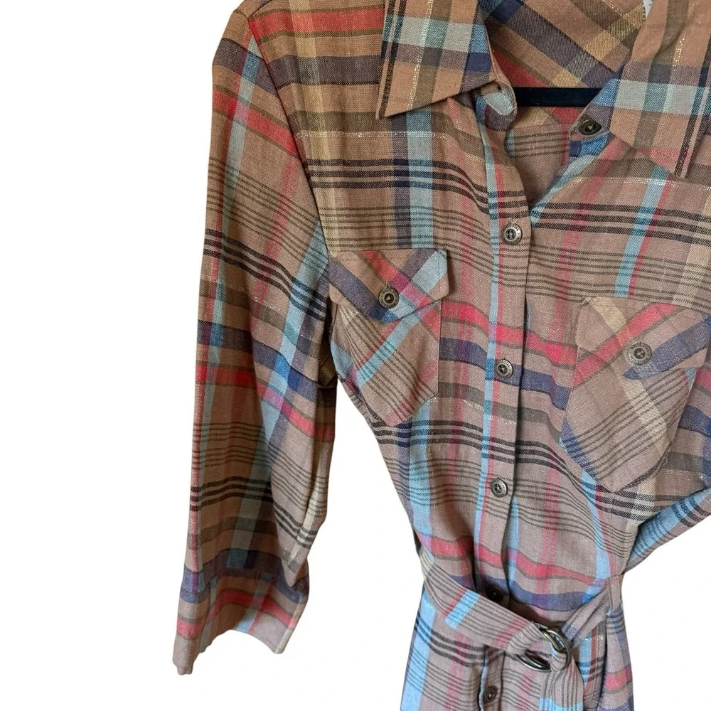 Vtg White Stag Dress 12 Plaid Midi Shirtdress Linen Blend Belt Button Front Y2K - Picture 5 of 16